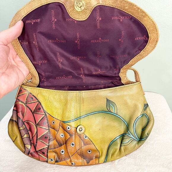 Anuschka Shoulder Bag Womens Tan Floral Genuine Leather Handpainted Art Handbag - Picture 10 of 11